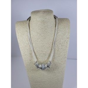 Chico's White Cord Silver Tone Texture Rings Cluster Statement Necklace 21"